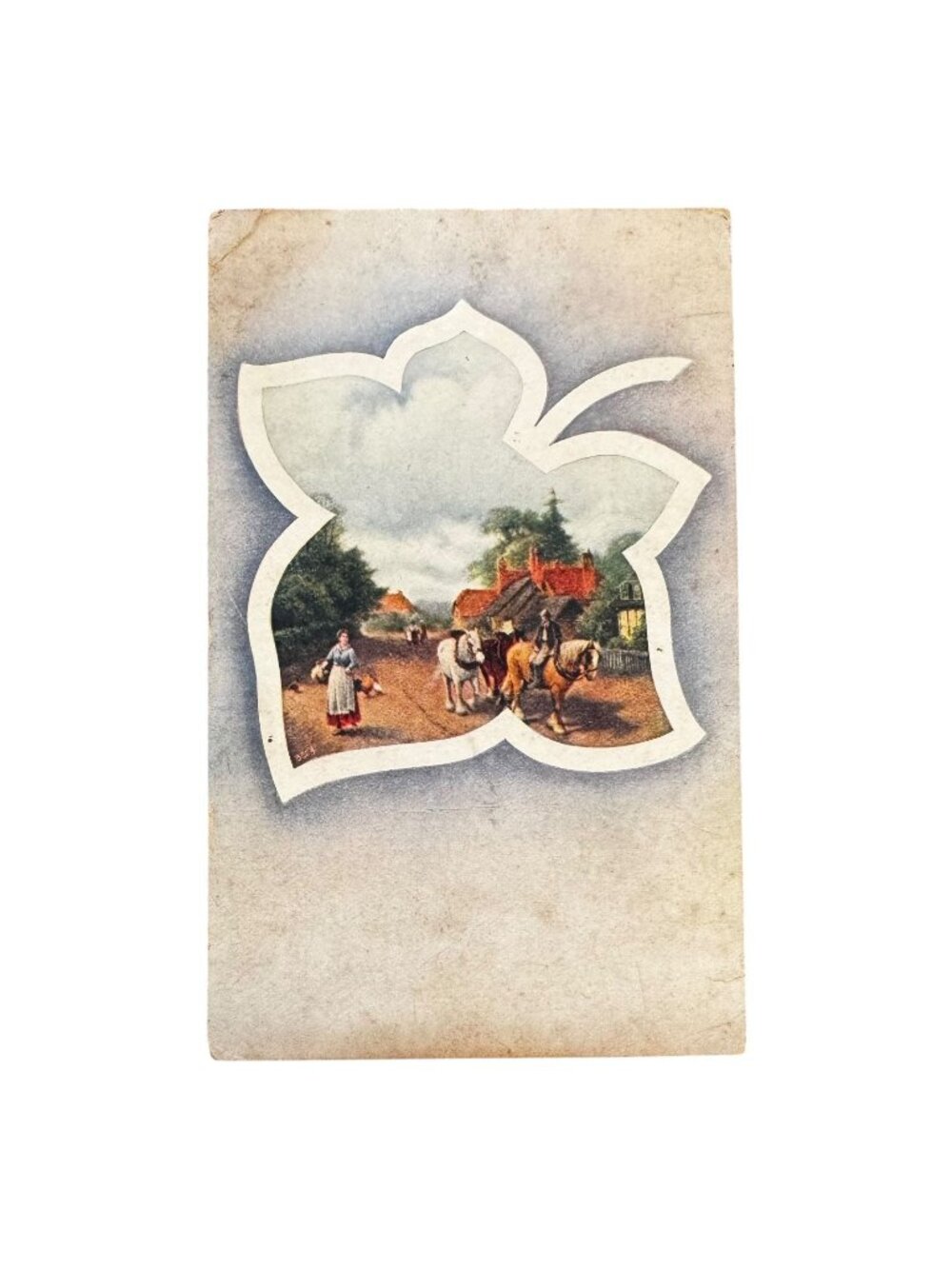 Antique 1909 Postcard Rural Village Scene Written Message Leaf Design Frame 1c